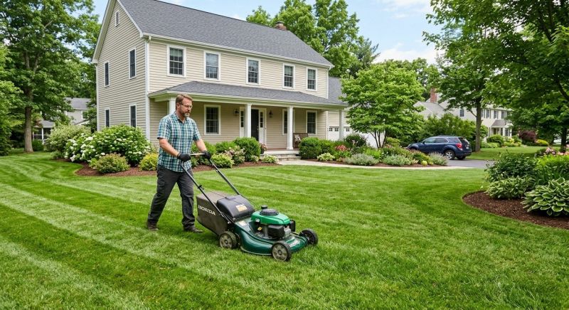 A lawn care professional mowing a residential yard